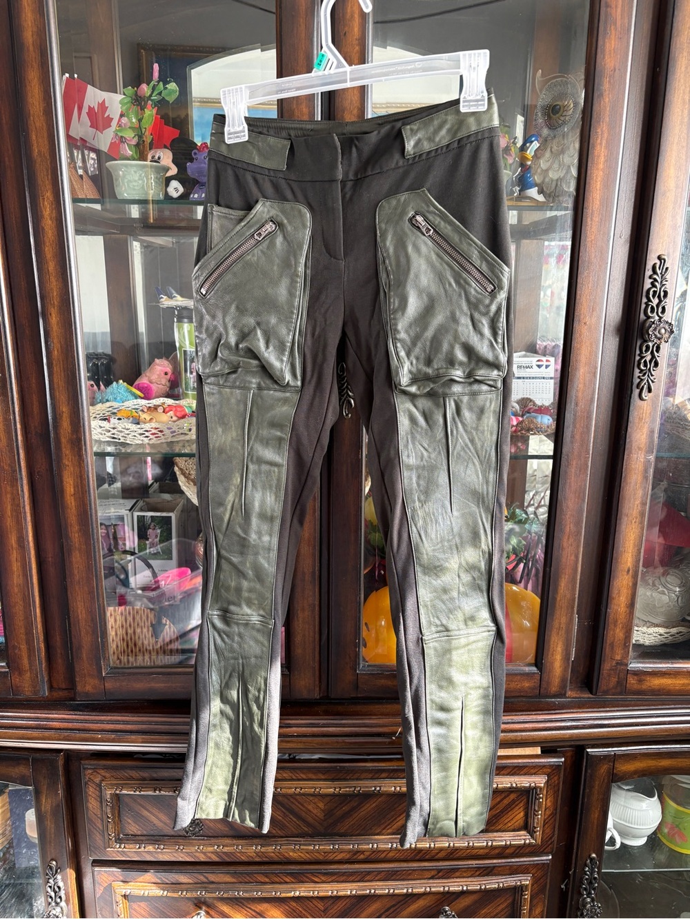 Olive Green Faux Leather Paneled Moto Pants